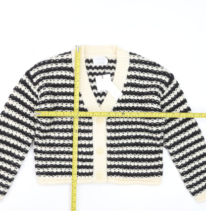 ZARA Girls Black & Beige Striped Cardigan 11-12 Years Acrylic Blend Knit