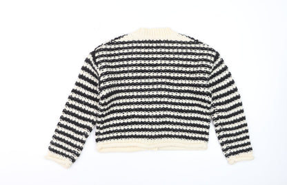 ZARA Girls Black & Beige Striped Cardigan 11-12 Years Acrylic Blend Knit
