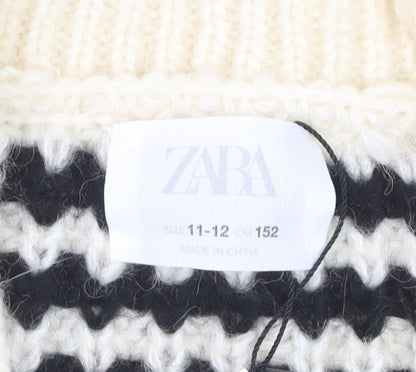 ZARA Girls Black & Beige Striped Cardigan 11-12 Years Acrylic Blend Knit