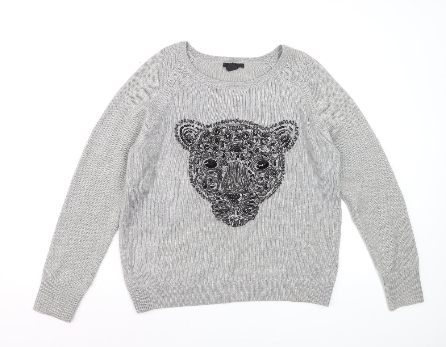 H&M Women Grey Beaded Animal Pullover Jumper Size 12