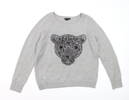 H&M Women Grey Beaded Animal Pullover Jumper Size 12