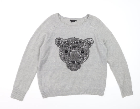 H&M Women Grey Beaded Animal Pullover Jumper Size 12