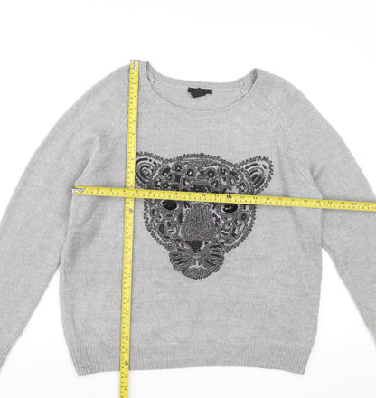 H&M Women Grey Beaded Animal Pullover Jumper Size 12