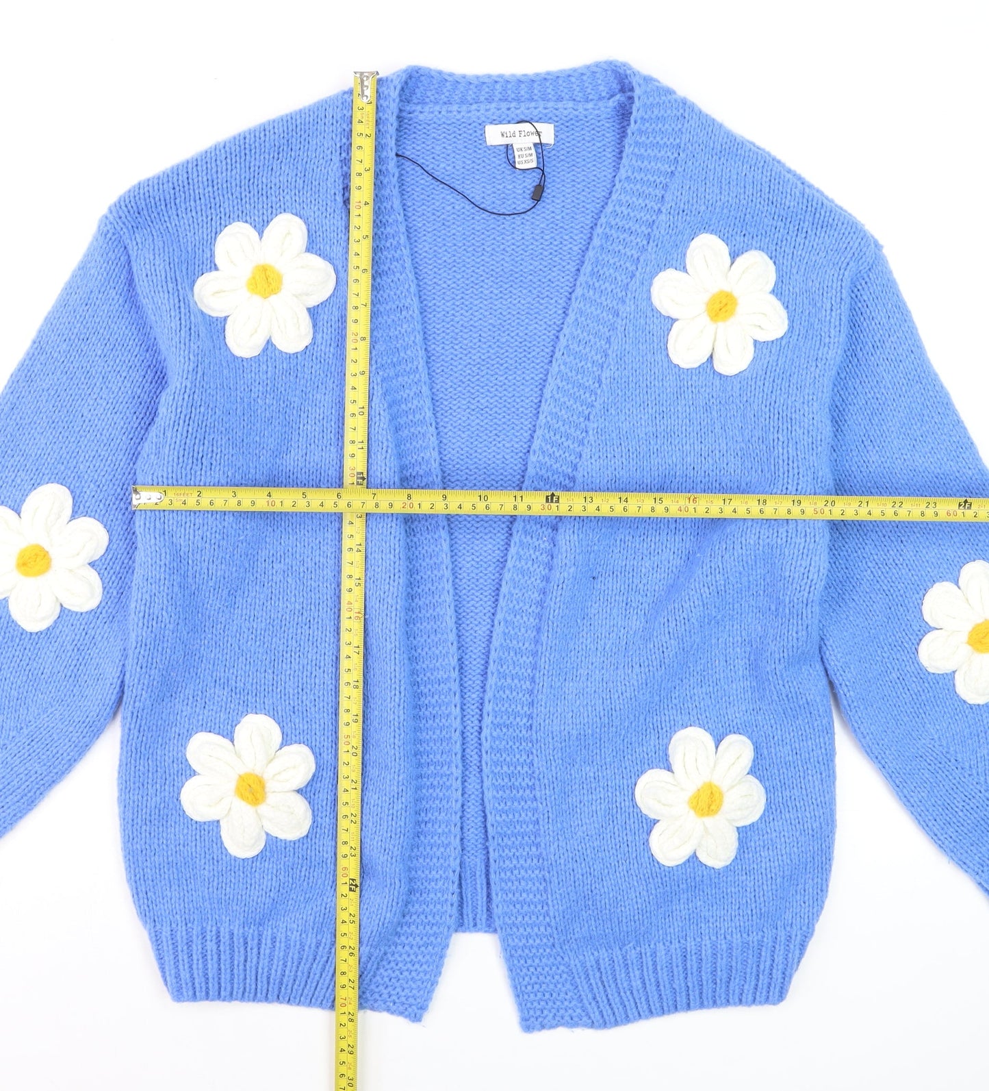 Wild Flower Women Blue Floral Knit Cardigan S V-Neck Long Sleeve