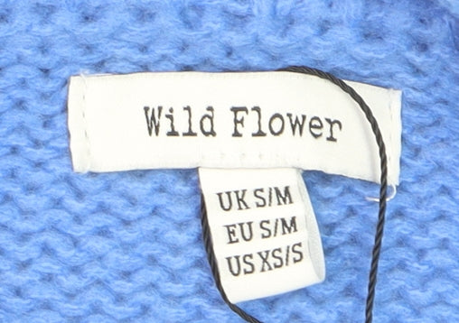 Wild Flower Women Blue Floral Knit Cardigan S V-Neck Long Sleeve