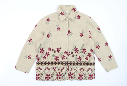 Damart Women Beige Floral Fleece Jacket Size 16 Button Front