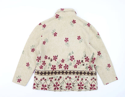 Damart Women Beige Floral Fleece Jacket Size 16 Button Front
