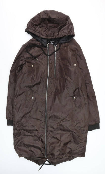 boohooMAN Men's Brown Hooded Long Parka Coat Size L Polyester Casual