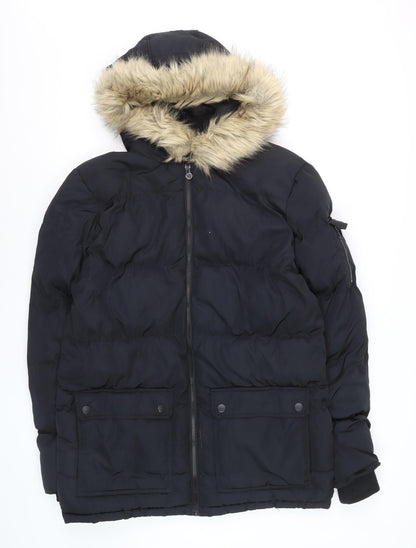 Fabric Men Black L Hooded Puffer Jacket with Faux Fur Trim