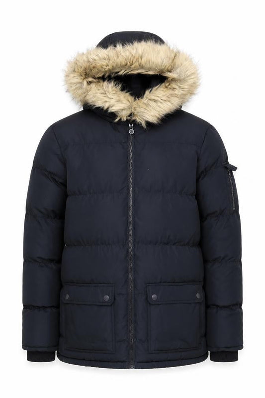 Fabric Men Black L Hooded Puffer Jacket with Faux Fur Trim