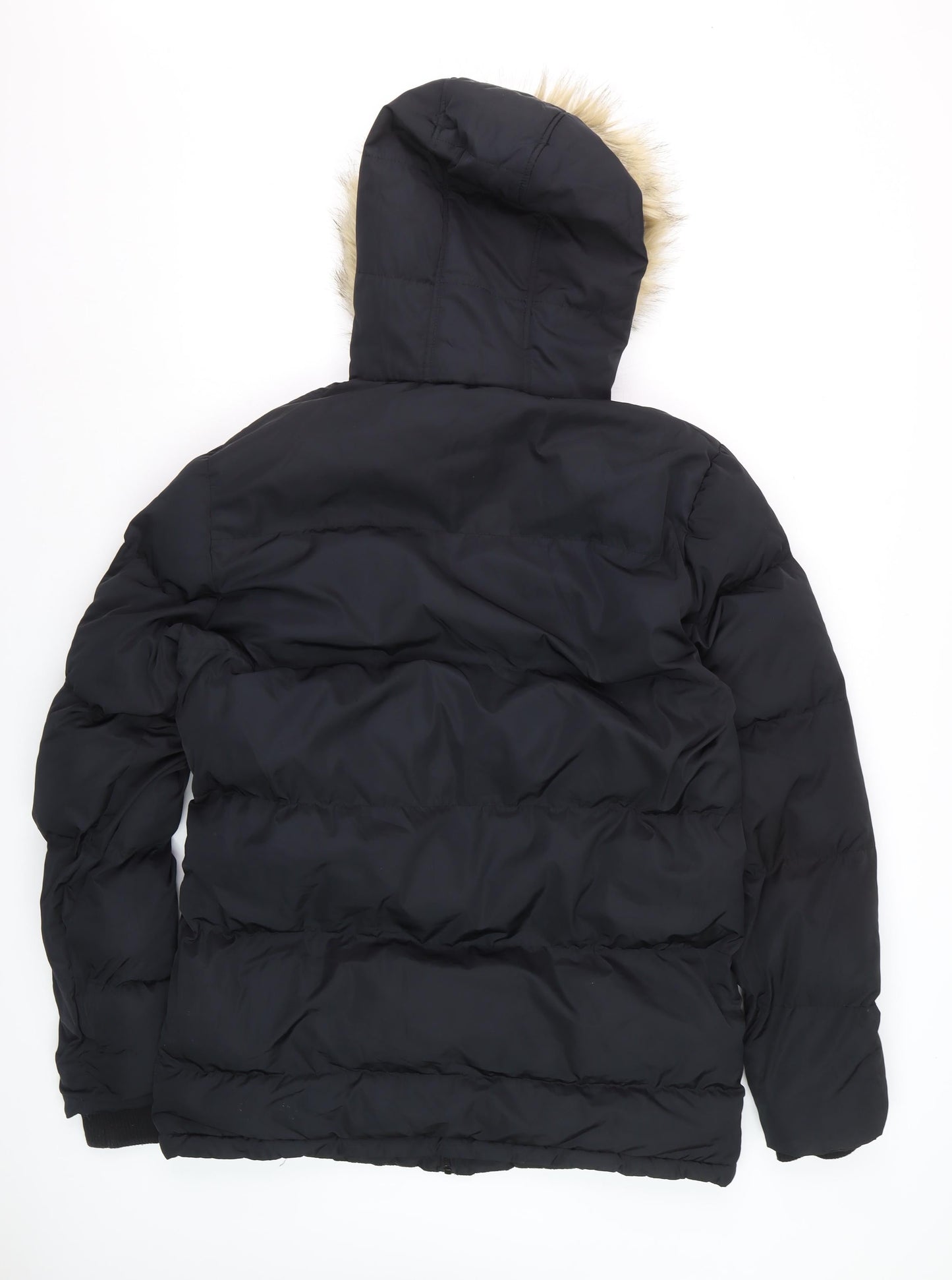 Fabric Men Black L Hooded Puffer Jacket with Faux Fur Trim