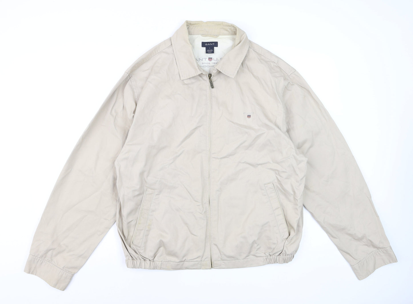 Gant Men Beige Cotton Basic Jacket L Full Zip Casual Outerwear