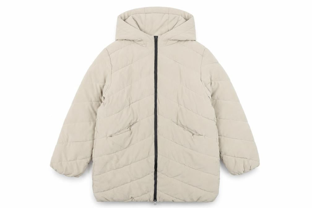 Front view of Zara girls’ beige long hooded puffer jacket coat 11-12 years