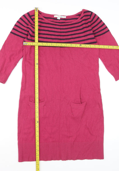 Boden Women Pink Striped Wool Jumper Dress UK 12 3/4 Sleeve Knit
