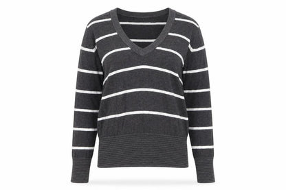 Kartel Women’s Grey Striped V-Neck Cotton Knit Jumper Size 12