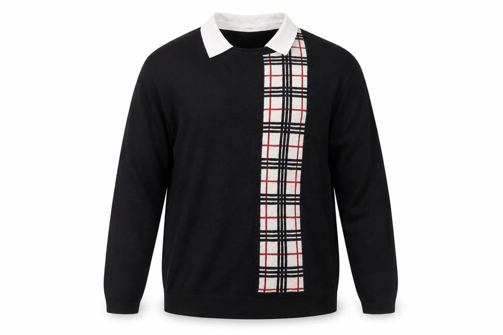 Anne Cramond Men's Black Collared Check Knit Jumper XL
