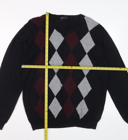 Cedarwood State Men's Black Argyle V-Neck Cotton Jumper XL