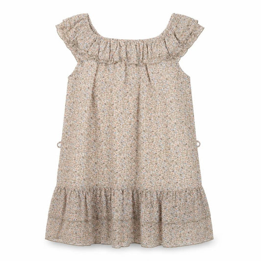 Front view of Dorothy Perkins Women’s Beige Floral Ruffle Shift Dress, size UK 14