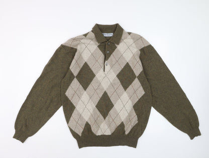 MC Bellwood Men's Brown Argyle Collared Wool Angora Jumper L