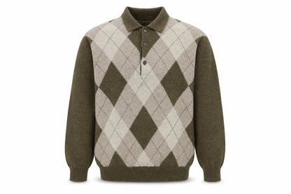 MC Bellwood Men's Brown Argyle Collared Wool Angora Jumper L