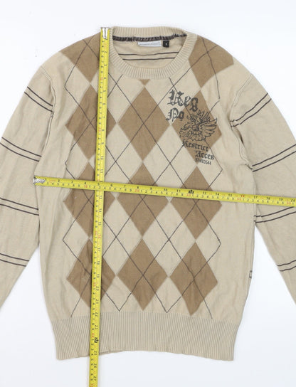 Angelo Litrico Men's Beige Argyle Crew Neck Cotton Jumper Size S