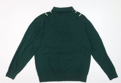 Marks and Spencer Men's Green Striped Cotton Half Zip Jumper Size L