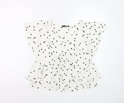 Quiz Women’s White Polka Dot Ruffle V-Neck Blouse Size 8