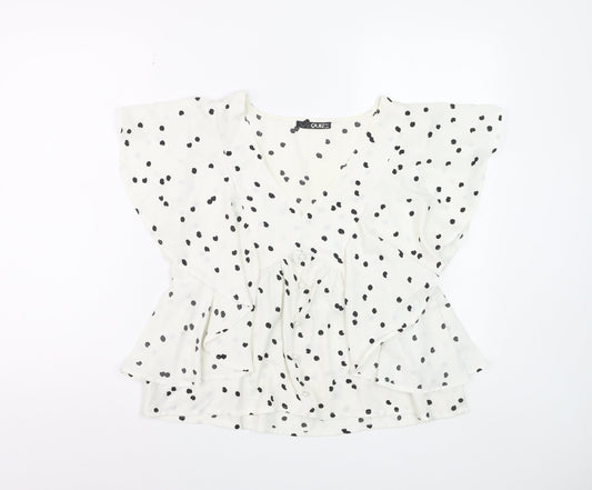 Quiz Women’s White Polka Dot Ruffle V-Neck Blouse Size 8