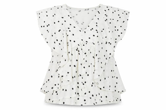 Quiz Women’s White Polka Dot Ruffle V-Neck Blouse Size 8