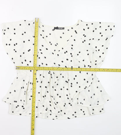 Quiz Women’s White Polka Dot Ruffle V-Neck Blouse Size 8