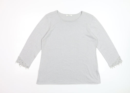 Platinum Women Silver L Knit Pullover Jumper with Fringe 3/4 Sleeves