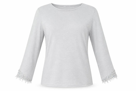 Platinum Women Silver L Knit Pullover Jumper with Fringe 3/4 Sleeves