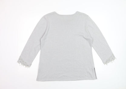 Platinum Women Silver L Knit Pullover Jumper with Fringe 3/4 Sleeves