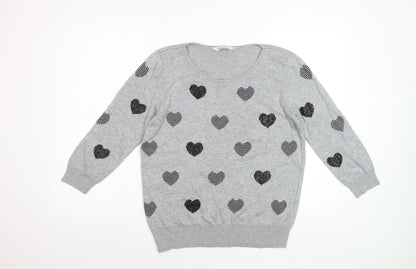 BHS Women’s Grey Heart Print Cotton Viscose Pullover Jumper Size 12