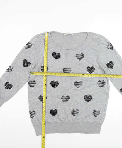 BHS Women’s Grey Heart Print Cotton Viscose Pullover Jumper Size 12