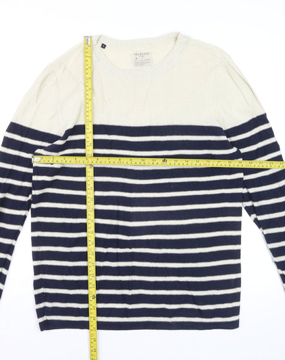 Selected Homme Men's Blue Striped Linen Cotton Crew Neck Jumper Size L