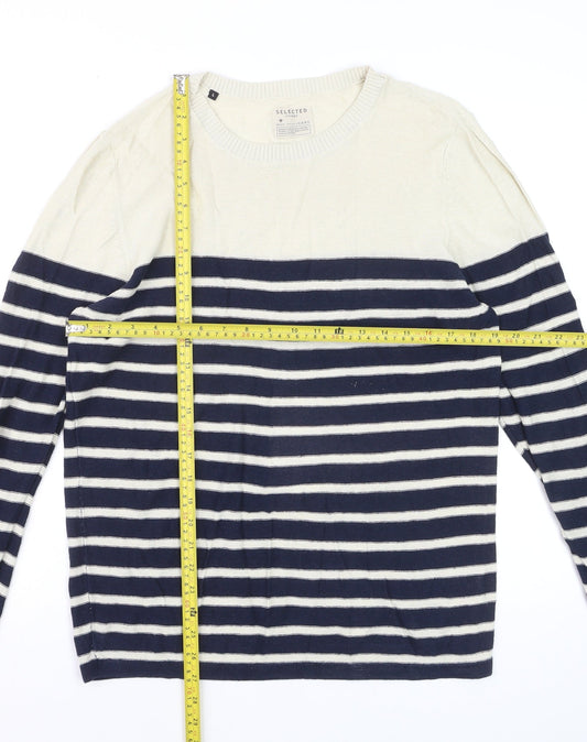 Selected Homme Men's Blue Striped Linen Cotton Crew Neck Jumper Size L
