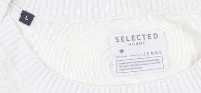 Selected Homme Men's Blue Striped Linen Cotton Crew Neck Jumper Size L