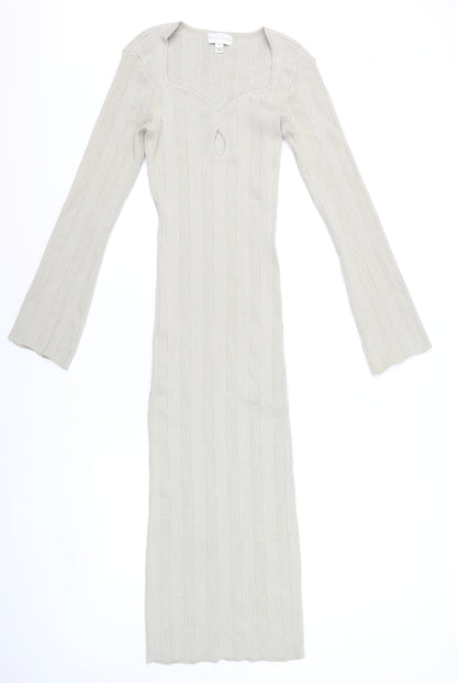 Pretty Lavish Women Beige Ribbed Knit Bodycon Midi Dress S