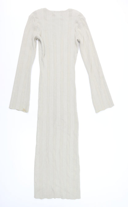 Pretty Lavish Women Beige Ribbed Knit Bodycon Midi Dress S