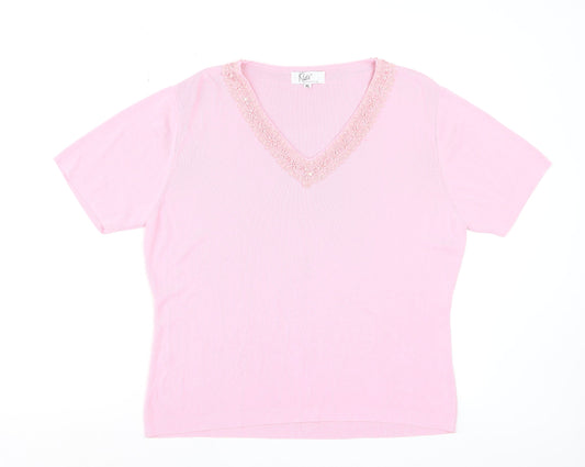 Klass Women Pink V-Neck Embroidered Short Sleeve Knit Top XL