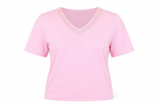 Klass Women Pink V-Neck Embroidered Short Sleeve Knit Top XL