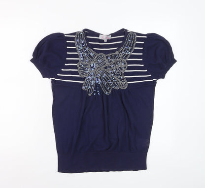 Be Beau Women’s Blue Striped Sequin Bow Short Sleeve Cotton Top Size 14