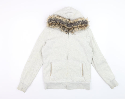 Pimkie Womens Grey Fur Trim Full Zip Hoodie Size S
