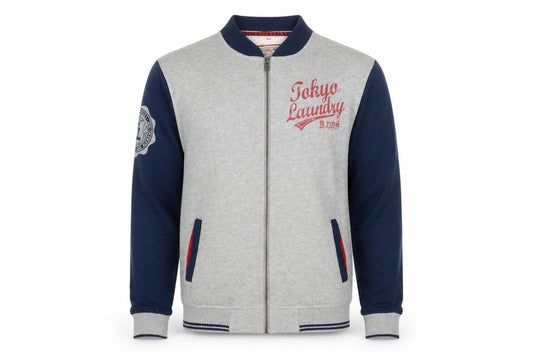 Tokyo Laundry Men's Grey & Navy Bomber Jacket Large Cotton Blend Zip Up