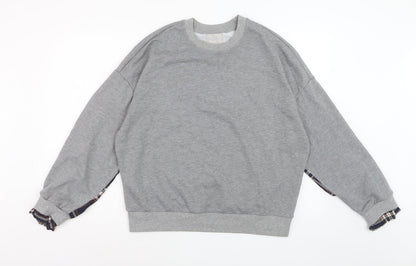 BWG Women Grey Plaid Sleeve Pullover Sweatshirt L Casual Style