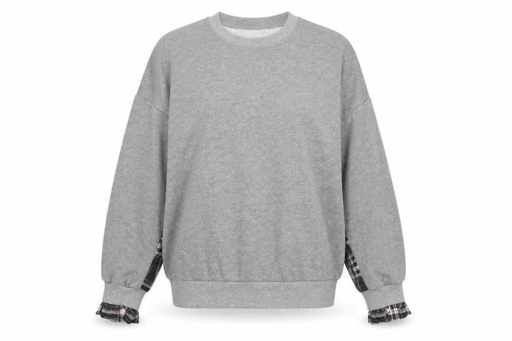 BWG Women Grey Plaid Sleeve Pullover Sweatshirt L Casual Style