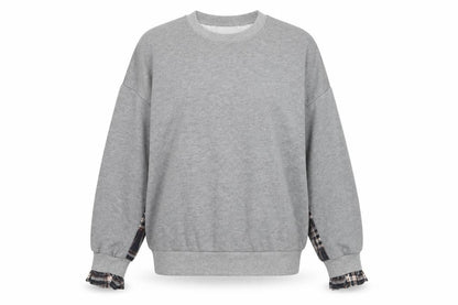 BWG Women Grey Plaid Sleeve Pullover Sweatshirt L Casual Style