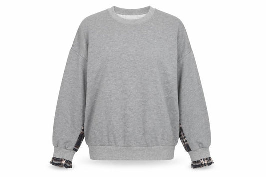 BWG Women Grey Plaid Sleeve Pullover Sweatshirt L Casual Style