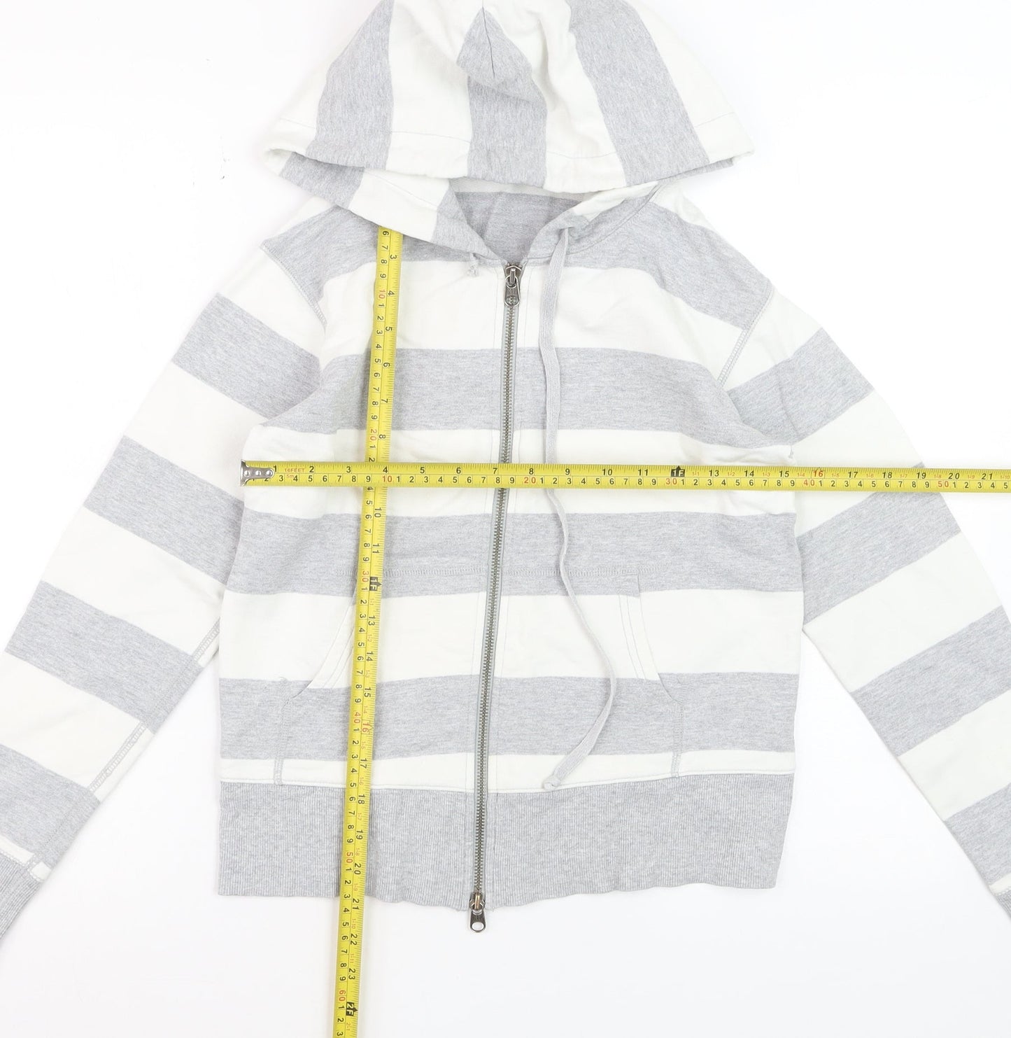 GAP Women Grey White Striped Full Zip Hoodie Cotton Medium